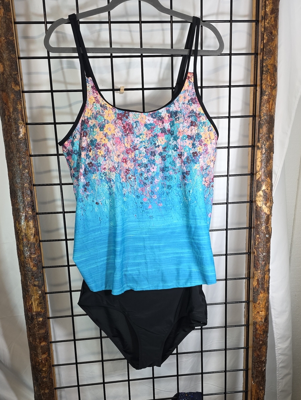 Blue Floral Ombre Tankini swim suit with Black Trim -